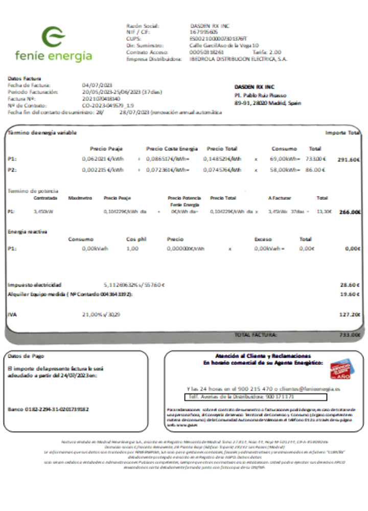 Download Feníe Energía utility business bill,  SCR Photoshop template